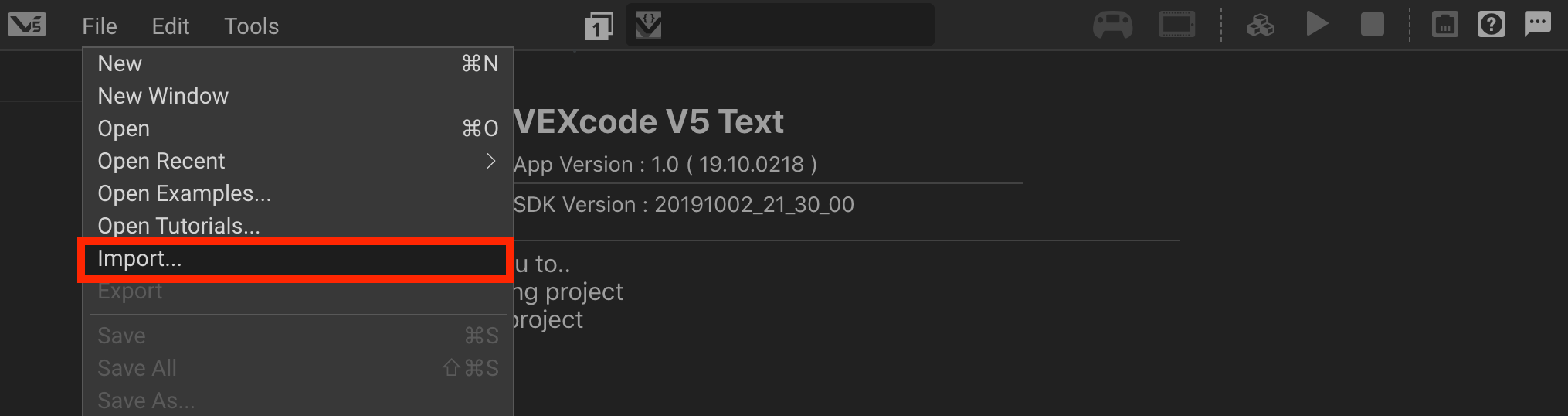 VEXcode Pro V5 interface with File menu open and Import option highlighted.