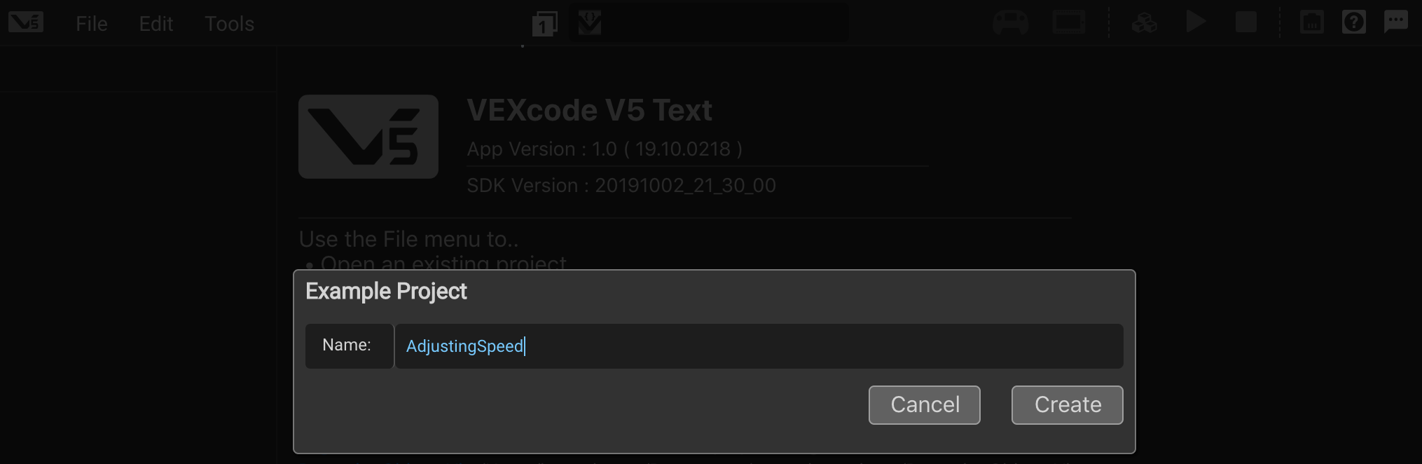 Example Project window showing project name field set to AdjustingSpeed with Create button shown below.