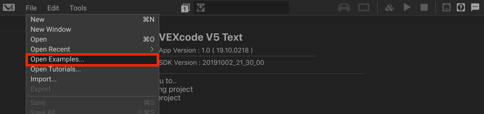 VEXcode Pro V5 interface with File menu open and Open Examples option highlighted.