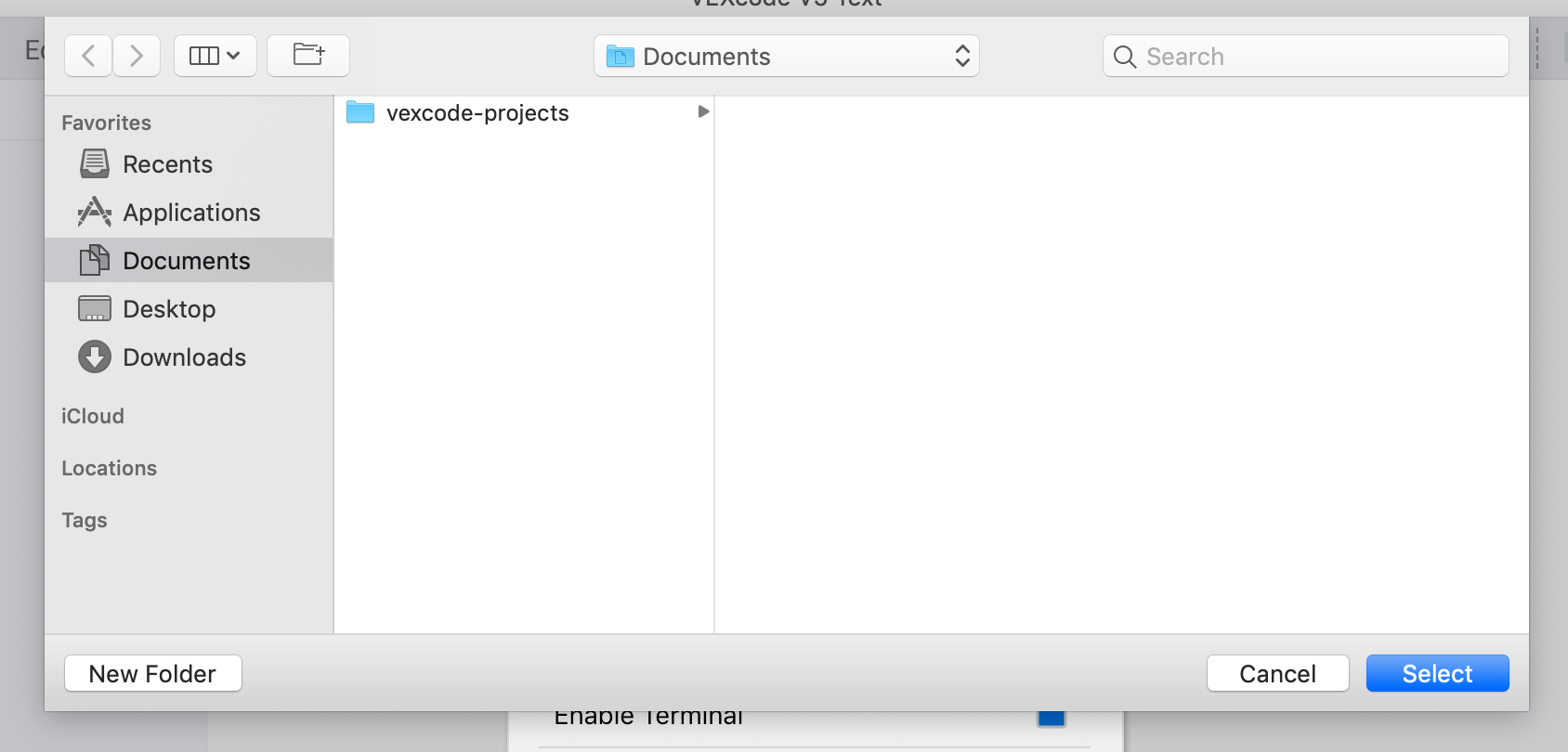 macOS Browse for Folder window showing Documents directory selected for saving project files.