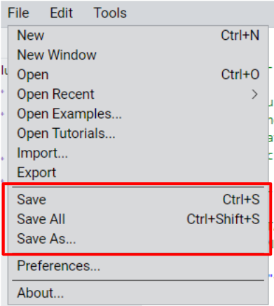 VEXcode Pro V5 interface with File menu open showing Save, Save All, and Save As options highlighted.