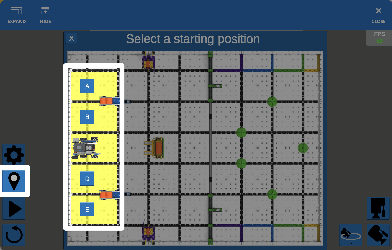 The location icon on the lower right corner of the Playground window is highlighted, along with the starting position options, labeled A through E vertically along the left hand side of the field. C is in the center.