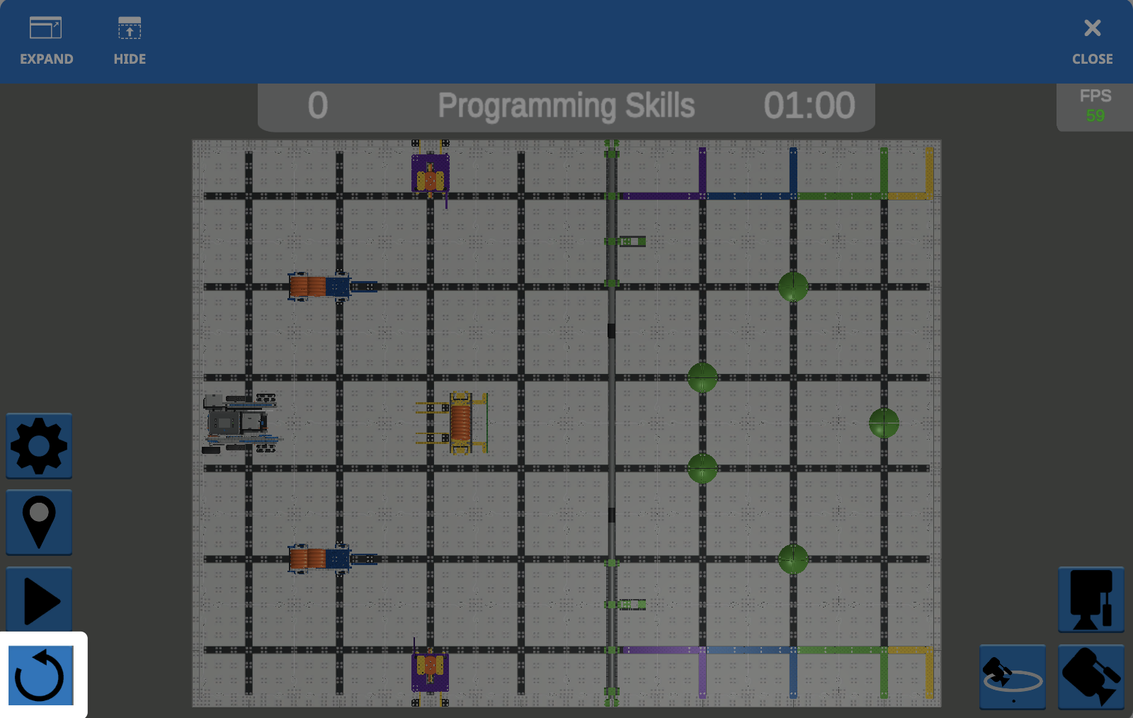 The Playground window with the reset button, an arrow curved in a circle pointing right, in the lower left corner is highlighted.