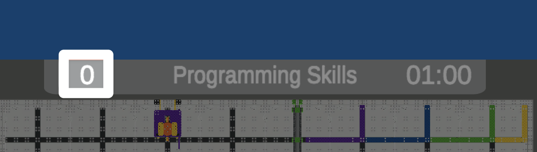 A close up image of the center of the top of the Playground window reads Programming Skills. On the left side of that header a score counter is highlighted, reading 0 at the start.