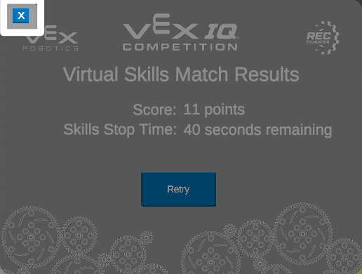 The same Match Results window as the one previous, now with the X button in the upper left corner highlighted.