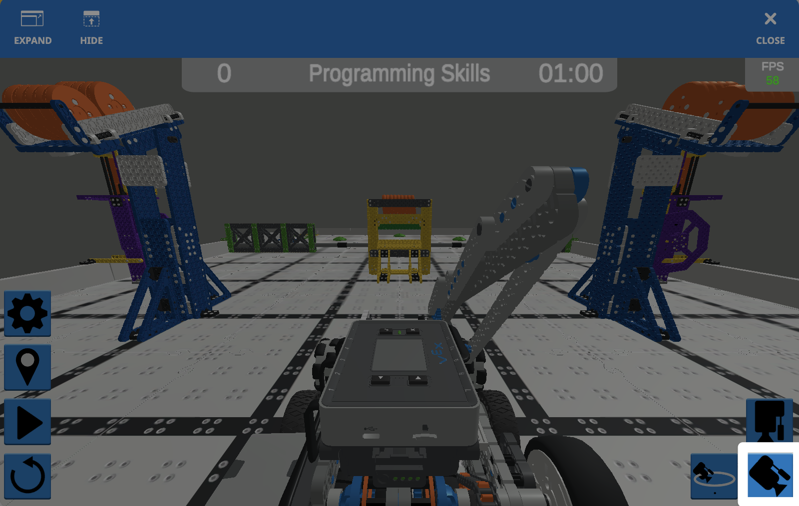 The Playground Window with a closer view of the Field from directly behind the robot showing, with an angled camera icon in the lower right corner highlighted.