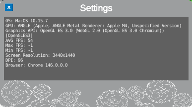 The Settings window that appears over the Playground Window showing device information.