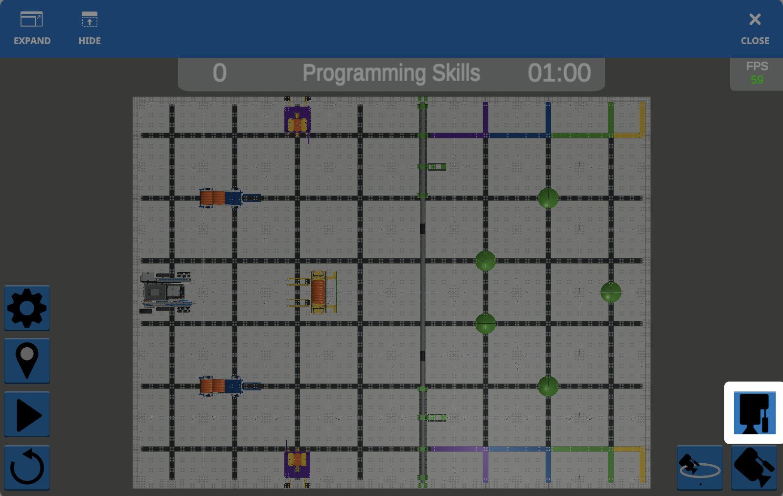 The Playground Window with a top down view of the Field and the downward facing camera icon in the lower right corner highlighted.