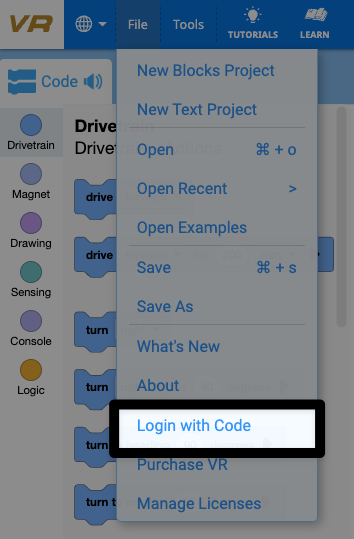 The File Menu open in VEXcode VR, in the upper left corner of the Toolbar, with the Login with Code option highlighted.