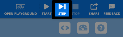 A close up screenshot of the upper right hand side of the VEXcode VR Toolbar, with the Step button highlighted, directly to the right of the Start button.