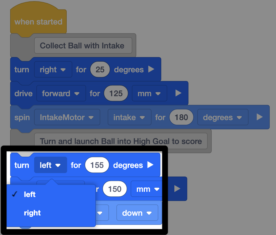 The same project as the one previous, now with the direction dropdown of the turn block open, and left selected, showing how to fix the problem.