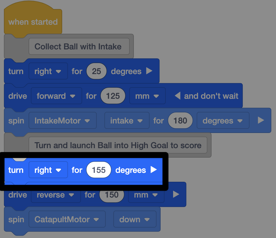 The same project with the turn block now reading to turn right for 155 degrees in the section of the project to turn and launch the ball into a high goal.
