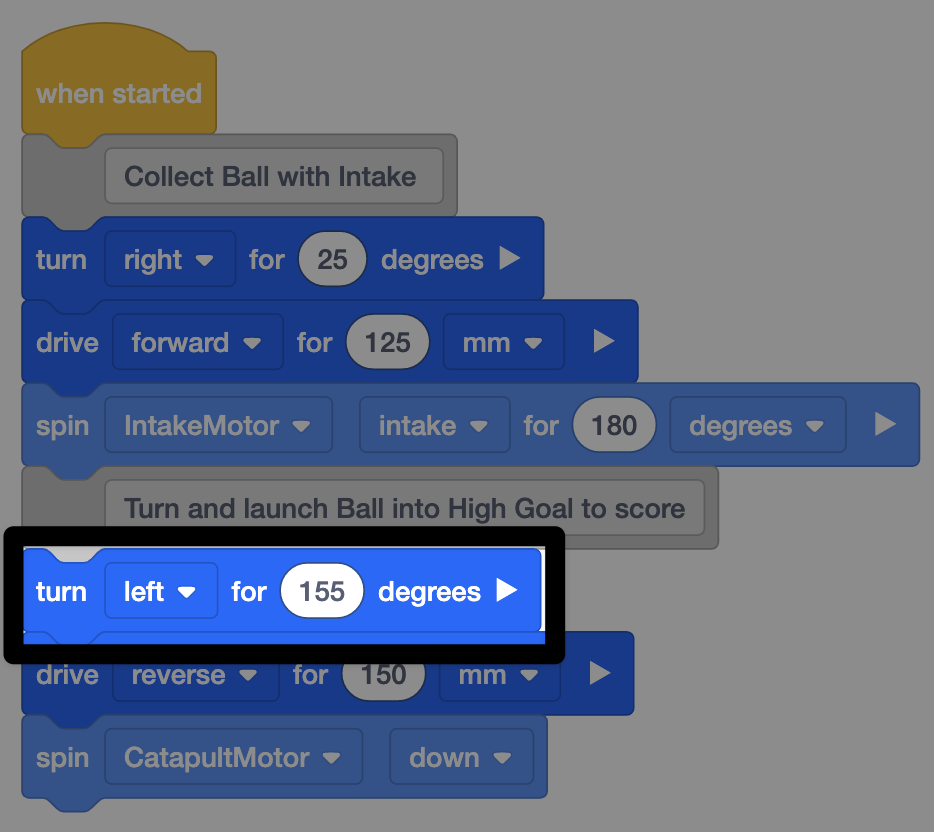 VEXcode VR project with blocks to collect a ball with the intake and turn and score the ball, with a turn block highlighted, showing the mistake in the project.