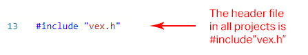 Line of C++ code that reads #include vex.h. A note next to the code reads The header file in all projects is #include vex.h.