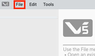 VEXcode Pro V5 with the File menu highlighted in the top left of the app window.