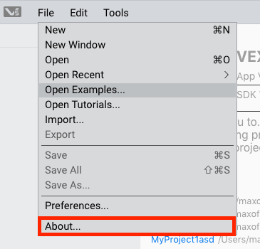 VEXcode Pro V5 File dropdown menu is opened and the About option is highlighted in the menu.