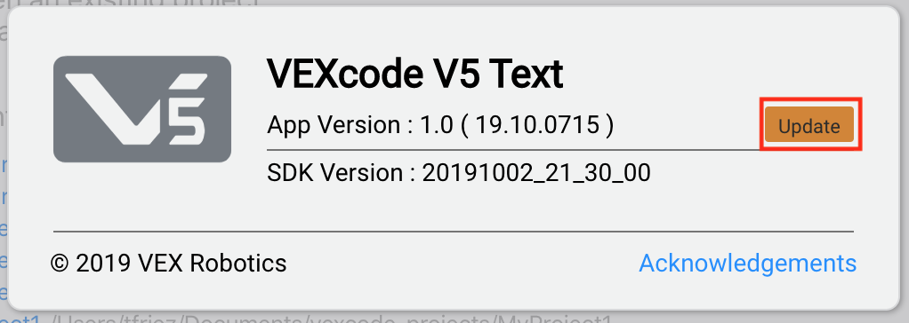 VEXcode Pro V5 About window with an orange Update button highlighted.