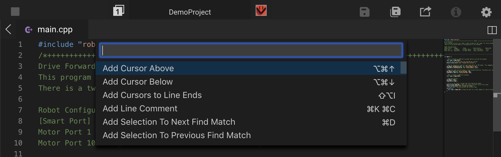 VEXcode Pro V5 with the Command Palette search bar open. The Command Palette shows a list of commands and their corresponding keyboard hotkeys. Text can be entered into the search bar to filter the commands shown.