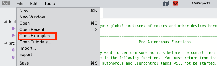 VEXcode Pro V5 interface with File menu open and Open Examples option highlighted.