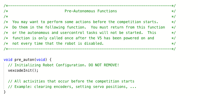 VEXcode Pro V5 code editor showing pre_auton function with vexcodeInit() and setup comments for pre-competition tasks.