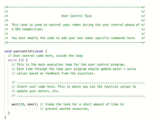 VEXcode Pro V5 code editor showing usercontrol function with while loop and wait(20, msec) for driver-controlled code.