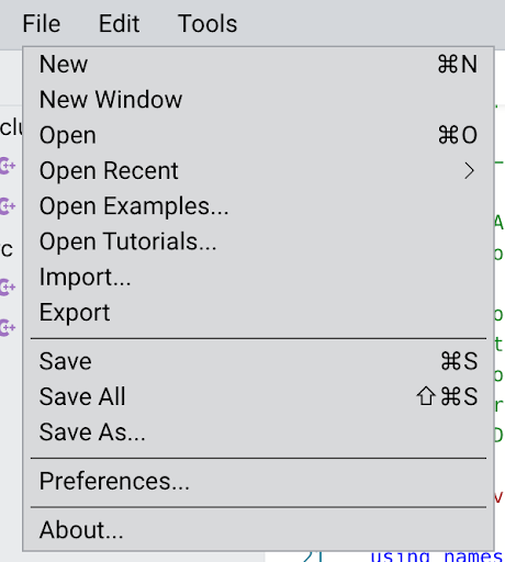 VEXcode Pro V5 Mac interface showing File menu open with options including New, Open, Open Examples, Import, Export, and Save.