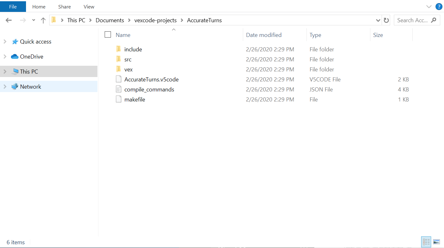Windows File Explorer window showing contents of a VEXcode Pro V5 project including src, include, vex, and build folders with project files.