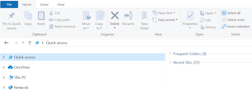Windows File Explorer window showing navigation panel with Quick access and This PC options.