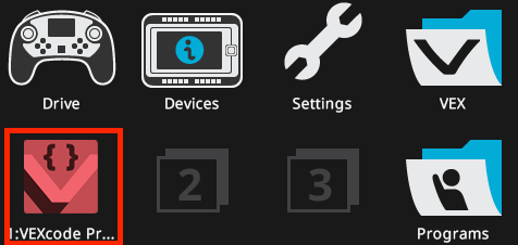 V5 Robot Brain screen showing VEXcode project icon selected to run the program.