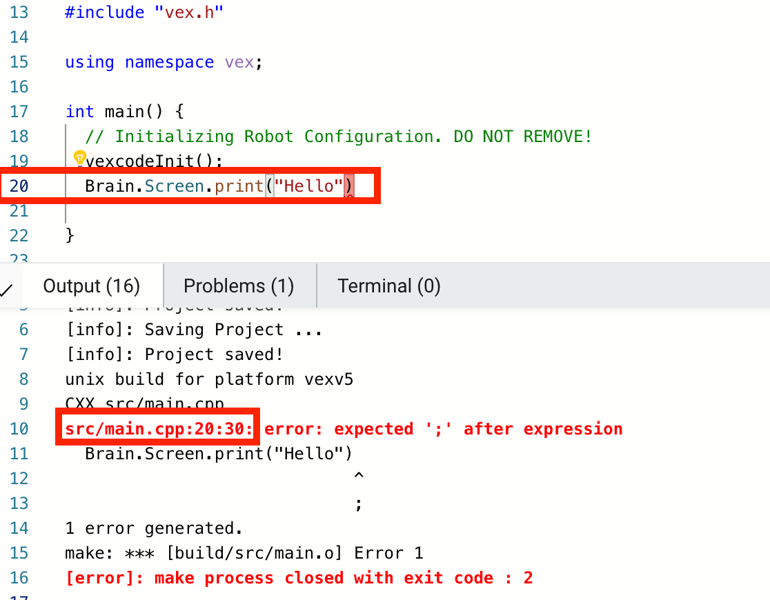 VEXcode Pro V5 code editor and Output panel showing error message ‘expected ; after expression’ with location src/main.cpp:20:30 highlighted and corresponding line in code marked.