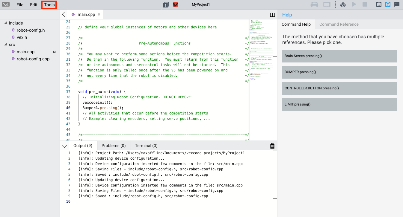 VEXcode Pro V5 with the Tools menu highlighted in the top left corner.