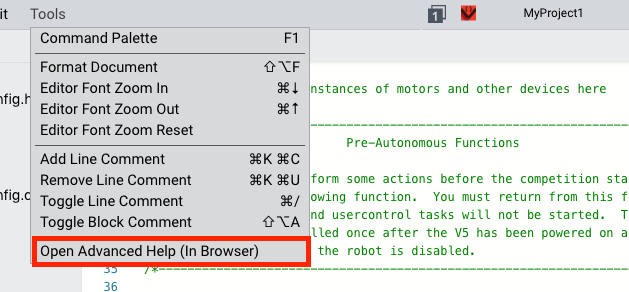 VEXcode Pro V5 Tools menu open with Open Advanced Help (In Browser) option highlighted.