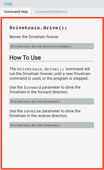 VEXcode Pro V5 Help panel showing Drivetrain.drive() command documentation with description and usage examples.
