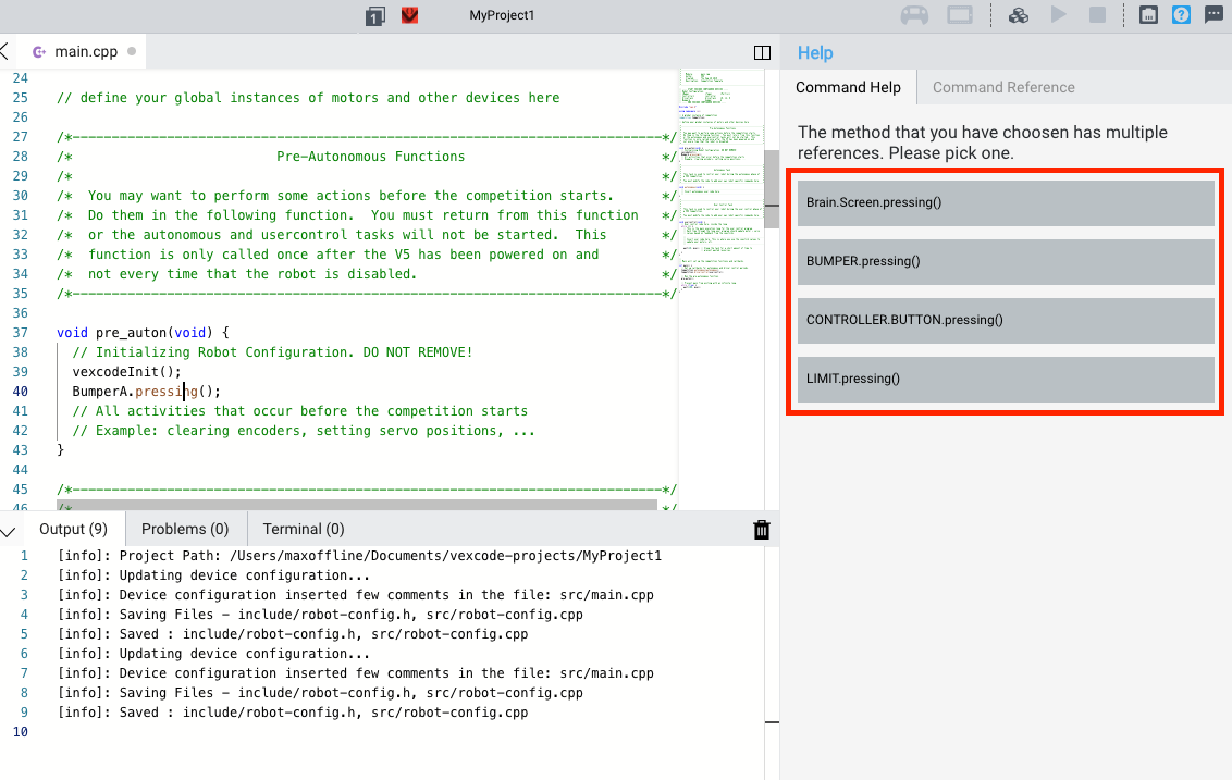 VEXcode Pro V5 Help panel showing list of command options for different devices such as Brain Screen, Bumper, Controller, and Limit.