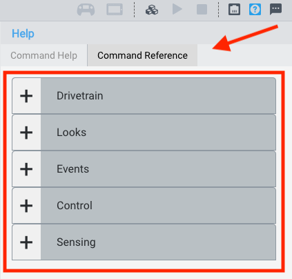 VEXcode Pro V5 Help panel showing Command Reference tab with expandable categories including Drivetrain, Looks, Events, Control, and Sensing.
