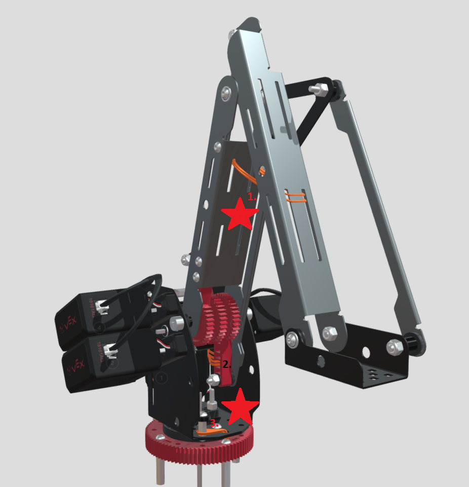 Diagram showing rubber bands properly installed on a V5 Workcell setup, illustrating the correct positioning and alignment for optimal performance in Career and Technical Education applications.