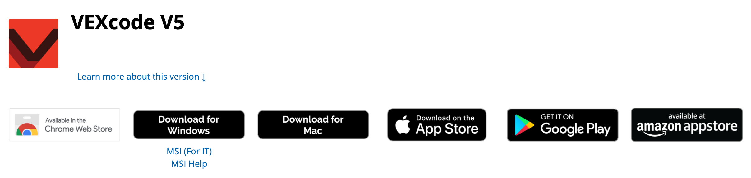 VEXcode V5 download page with download options for many platforms, including Chrome Web Store, Windows, Mac, Apple App Store, Google Play, and the Amazon appstore.