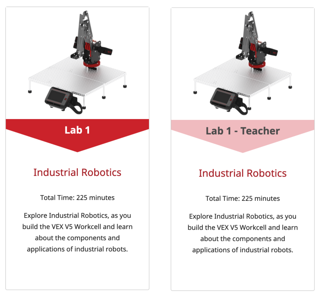 STEM Lab tile images showing student and teacher versions of Lab 1 Industrial Robotics.