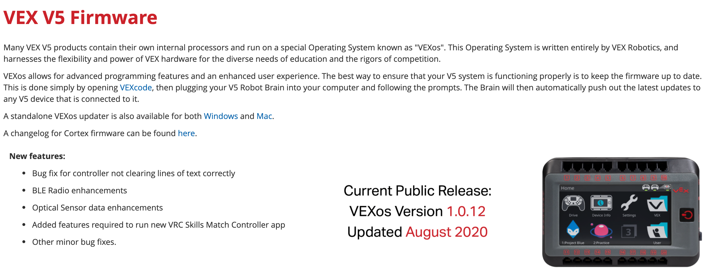 VEX V5 Firmware web page with information and links to download Firmware releases.