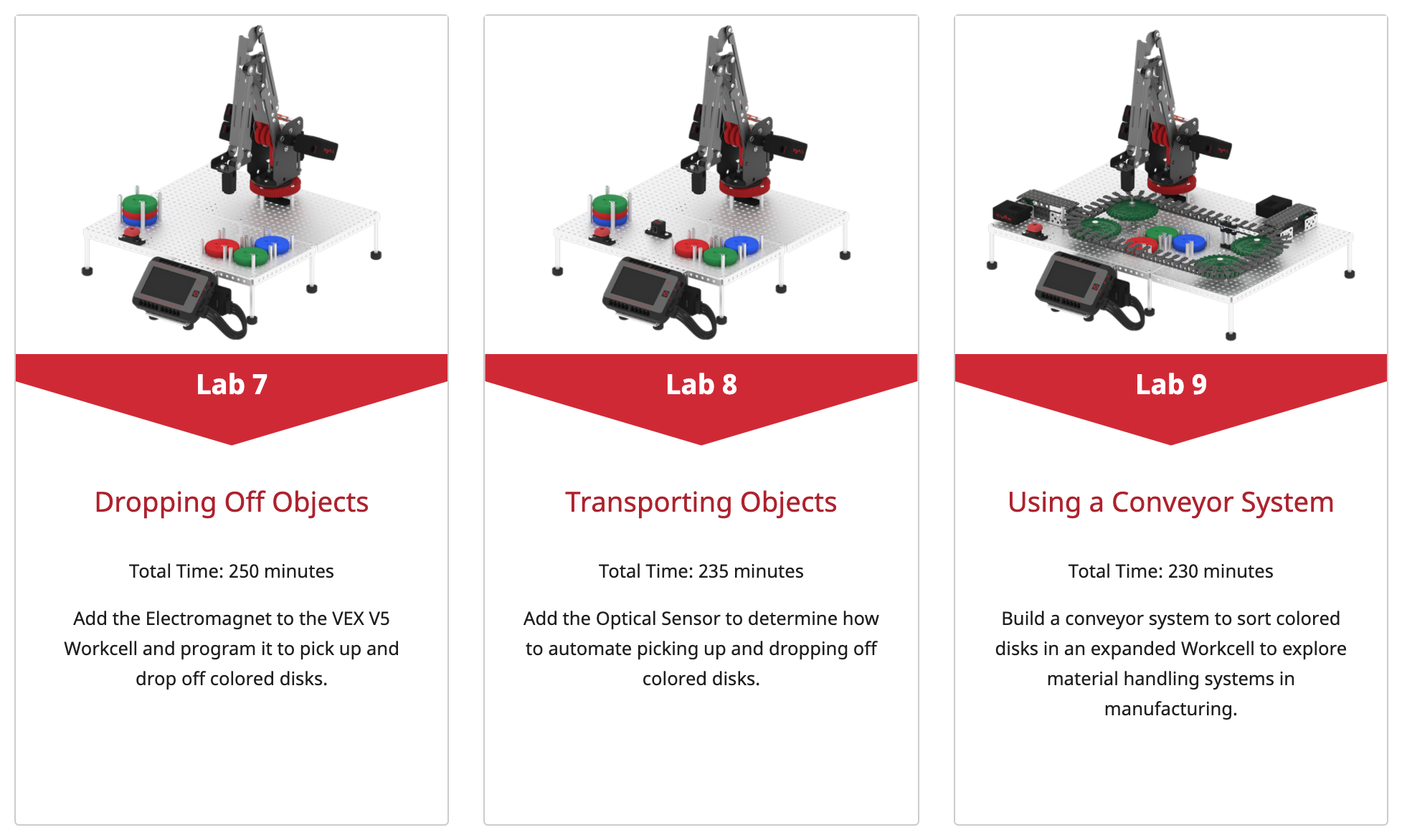 V5 Workcell STEM Lab tile images. The three STEM Labs shown are Lab 7 Dropping Off Objects, Lab 8 Transporting Objects, and Lab 9 Using a Conveyor System.