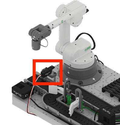 Object sensor is highlighted with a clear line of vision to the conveyor belt in front of it.