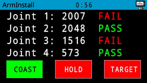 V5 Brain screen showing Arm Install program results with two joints failing and the other two passing.