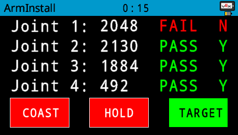 V5 Brain screen showing Arm Install program results after the TARGET button has been pressed. In this example, one joint has failed and the others passed.
