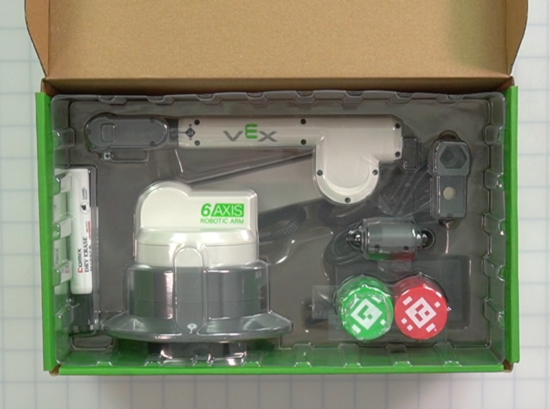 A top down image of the 6-Axis Rooti Arm Kit box showing the position of all pieces in that box.