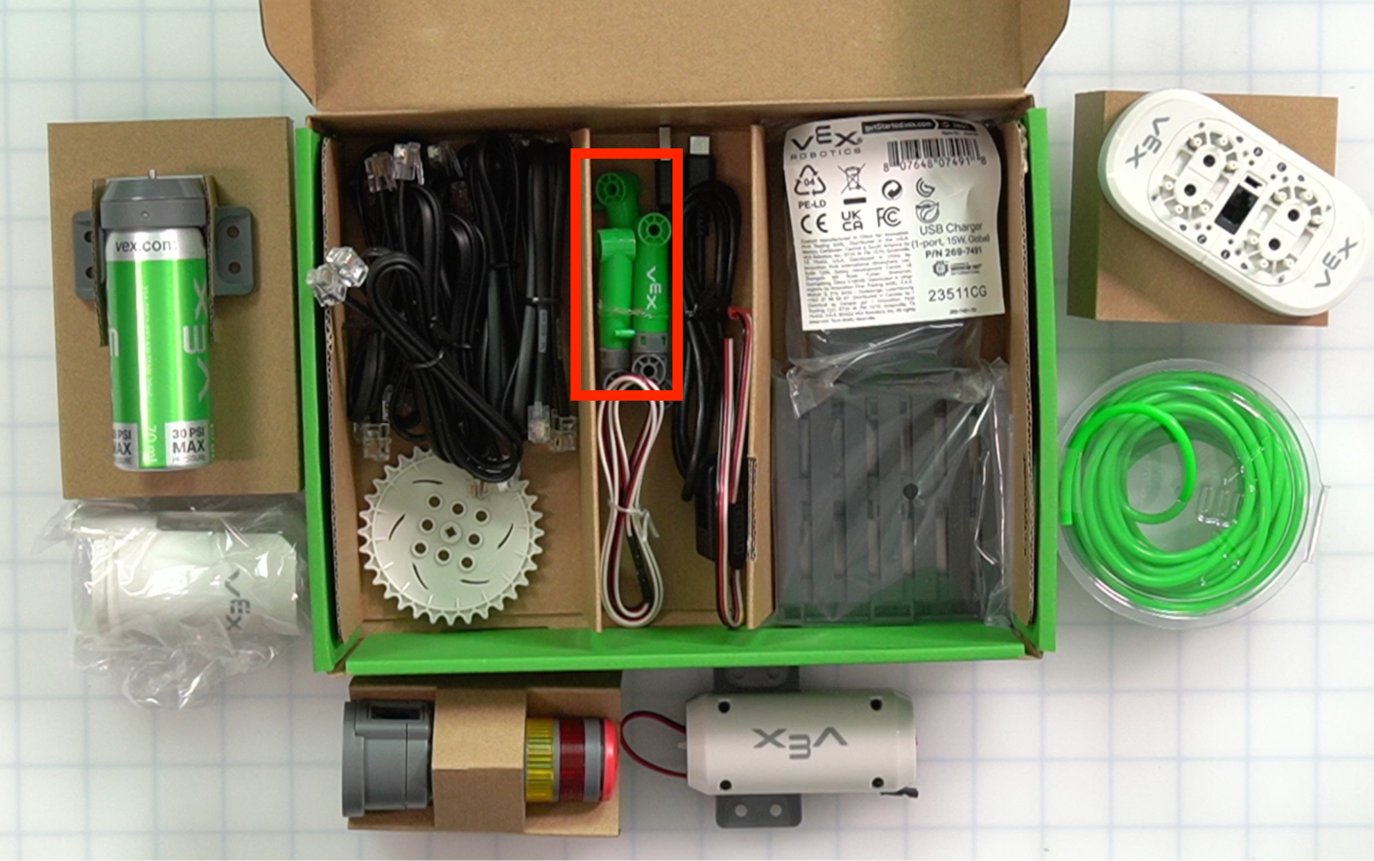 CTE Workcell Kit parts locations on the top center of the box on the lower level.