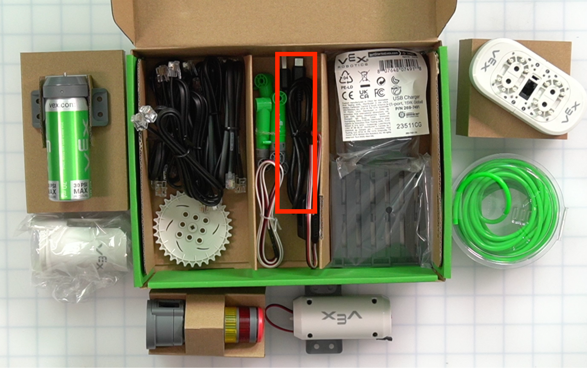 CTE Workcell Kit parts locations on the center of the box on the lower level.