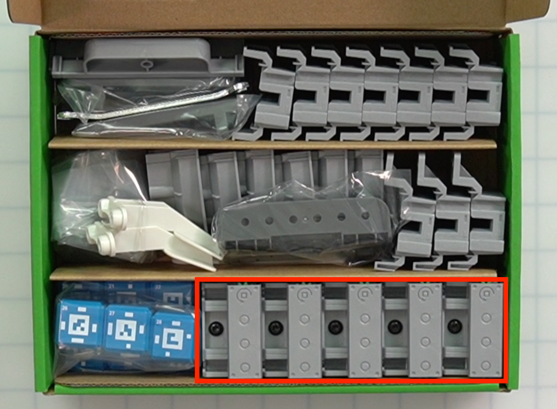 CTE Workcell Kit parts locations on the lower right of the box.