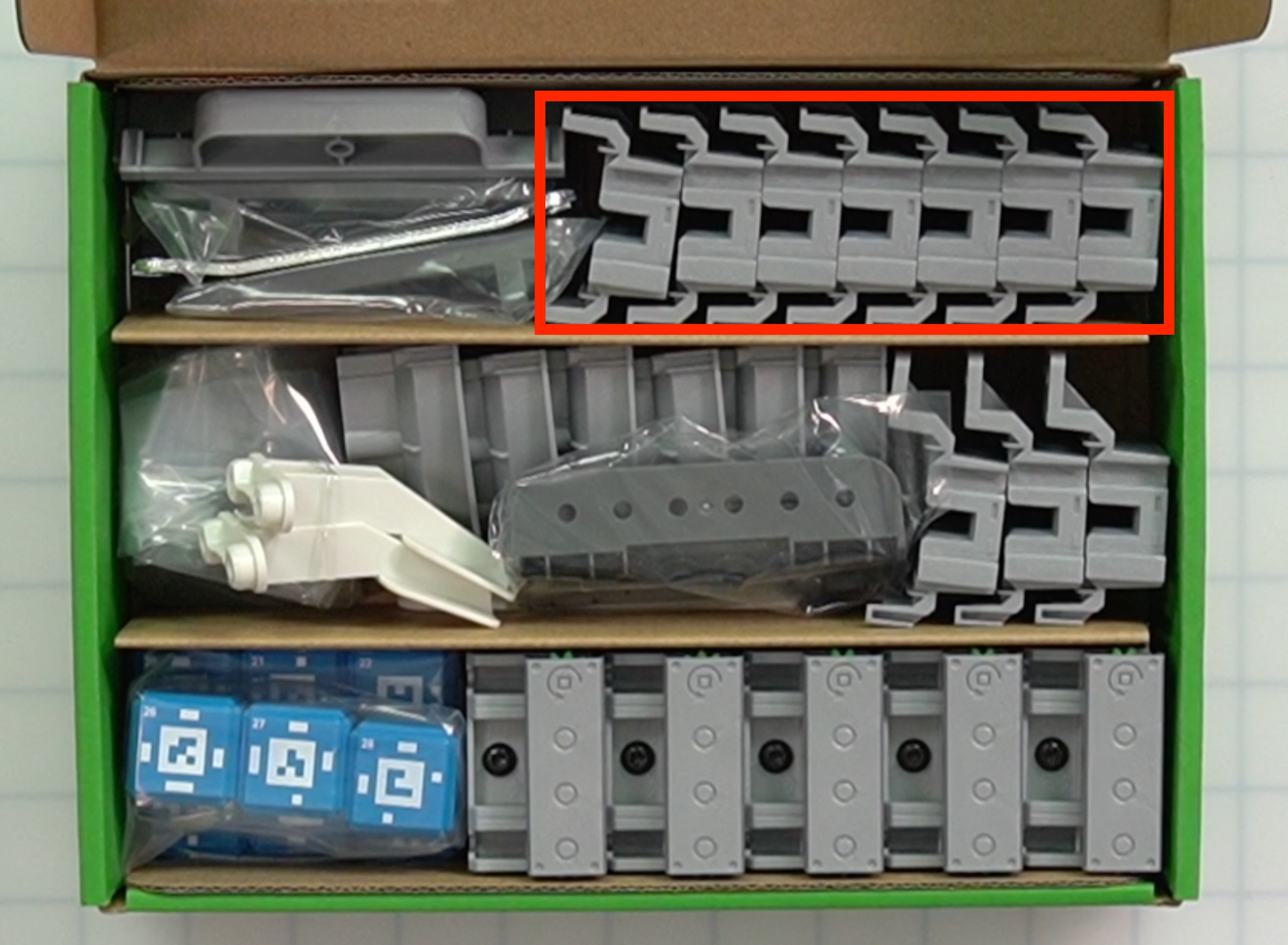 CTE Workcell Kit parts locations on the top right of the box.