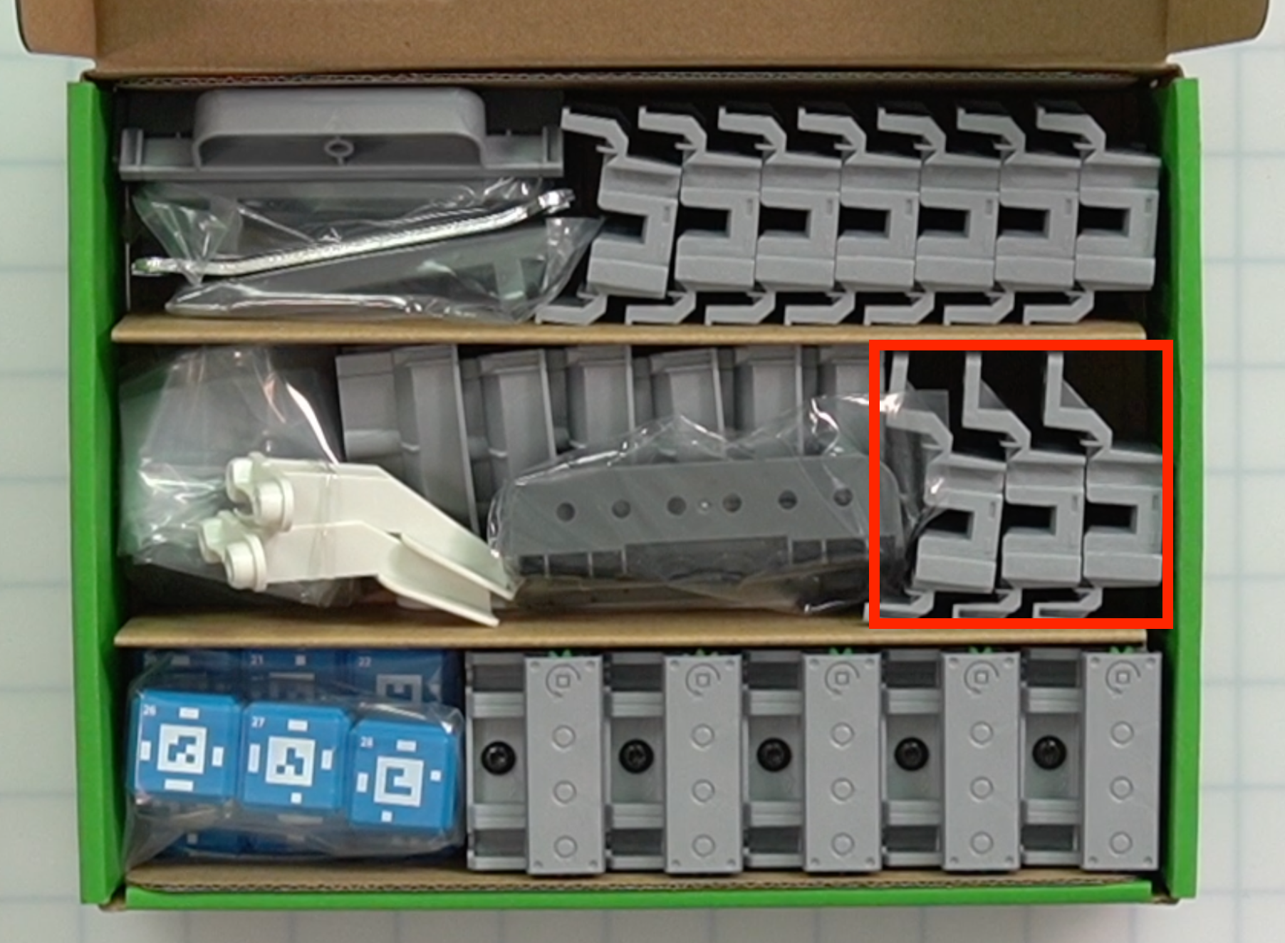 CTE Workcell Kit parts locations on the center right of the box.