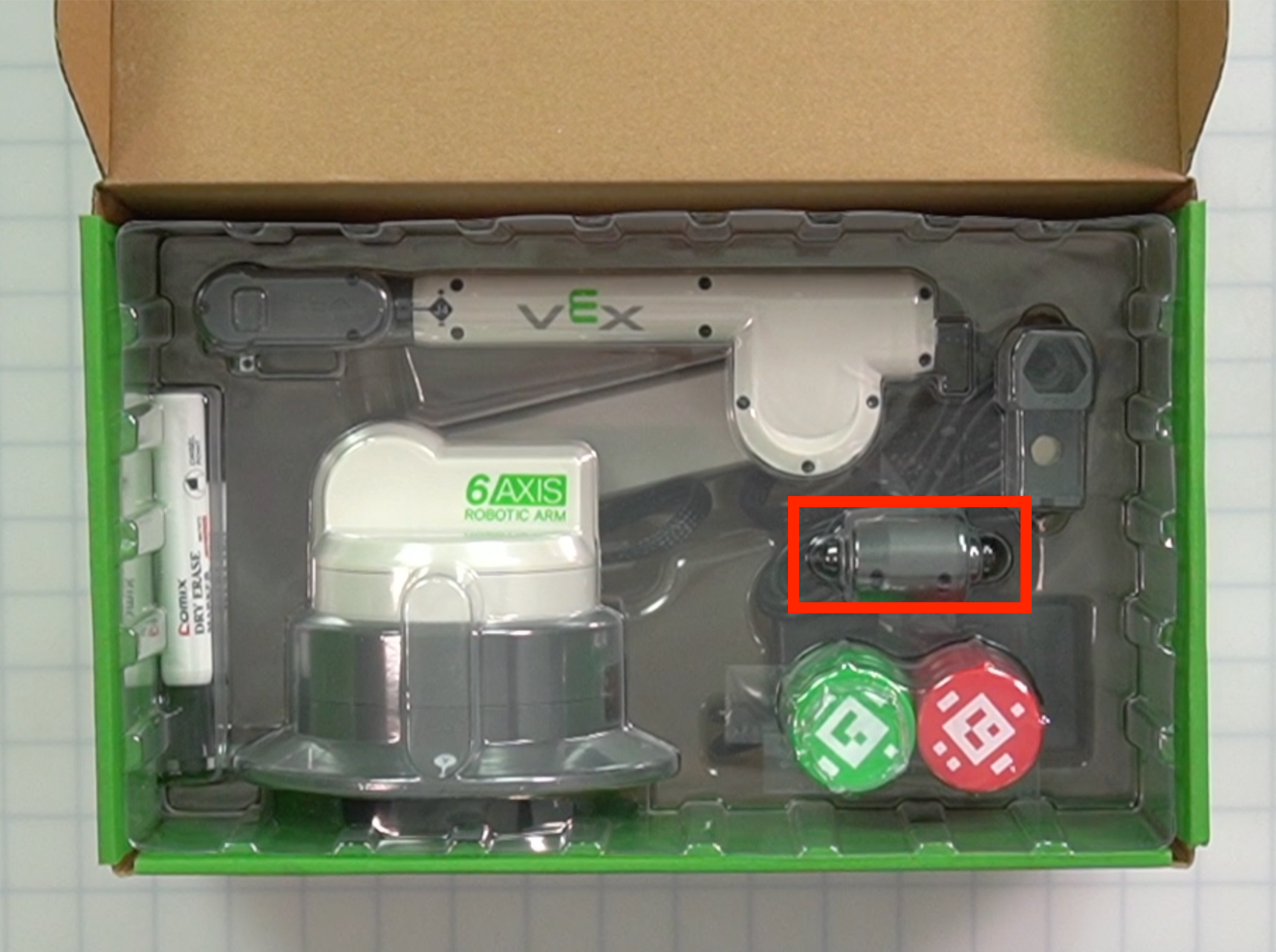 CTE Workcell Kit part locations in the box, in the plastic tray.